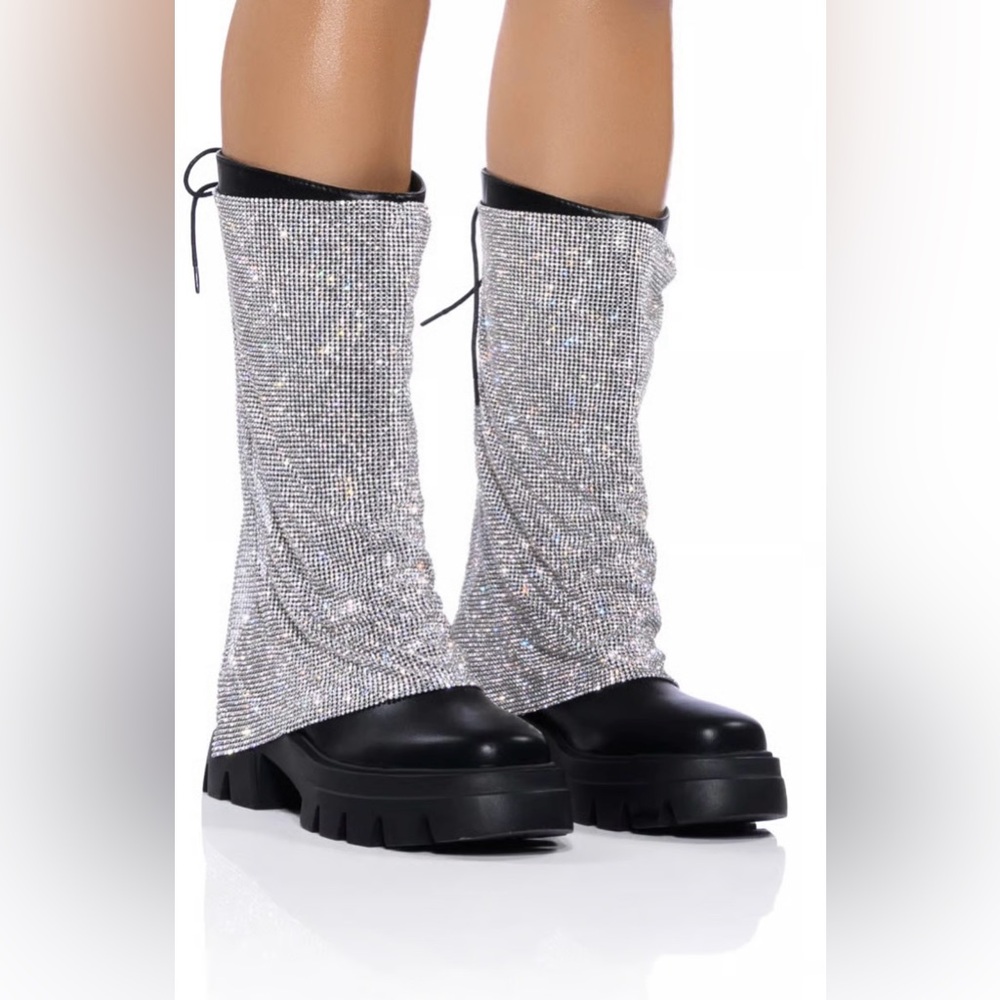 Brand New Azalea Wang Bloomfield Sparkling Silver Bling Lace-Up Boots Size 10